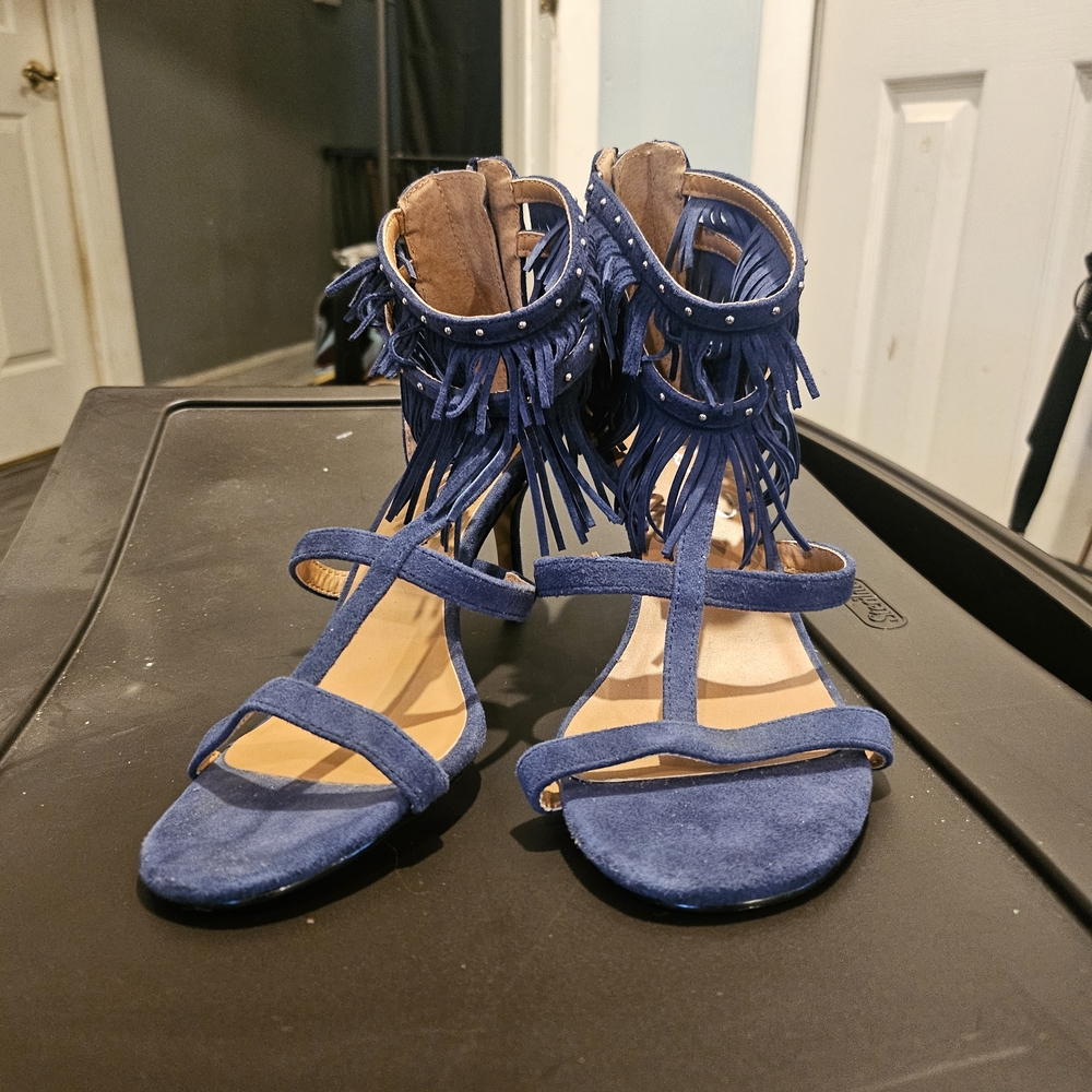 Report Blue Suede Fringe Sandals